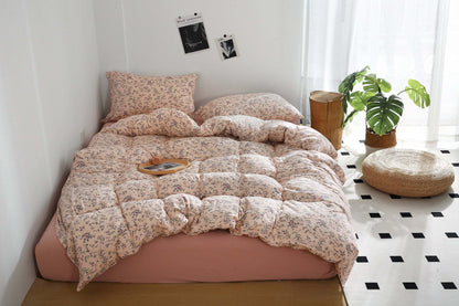 pink beige duvet cover set with vintage floral print in a cozy bedroom setting