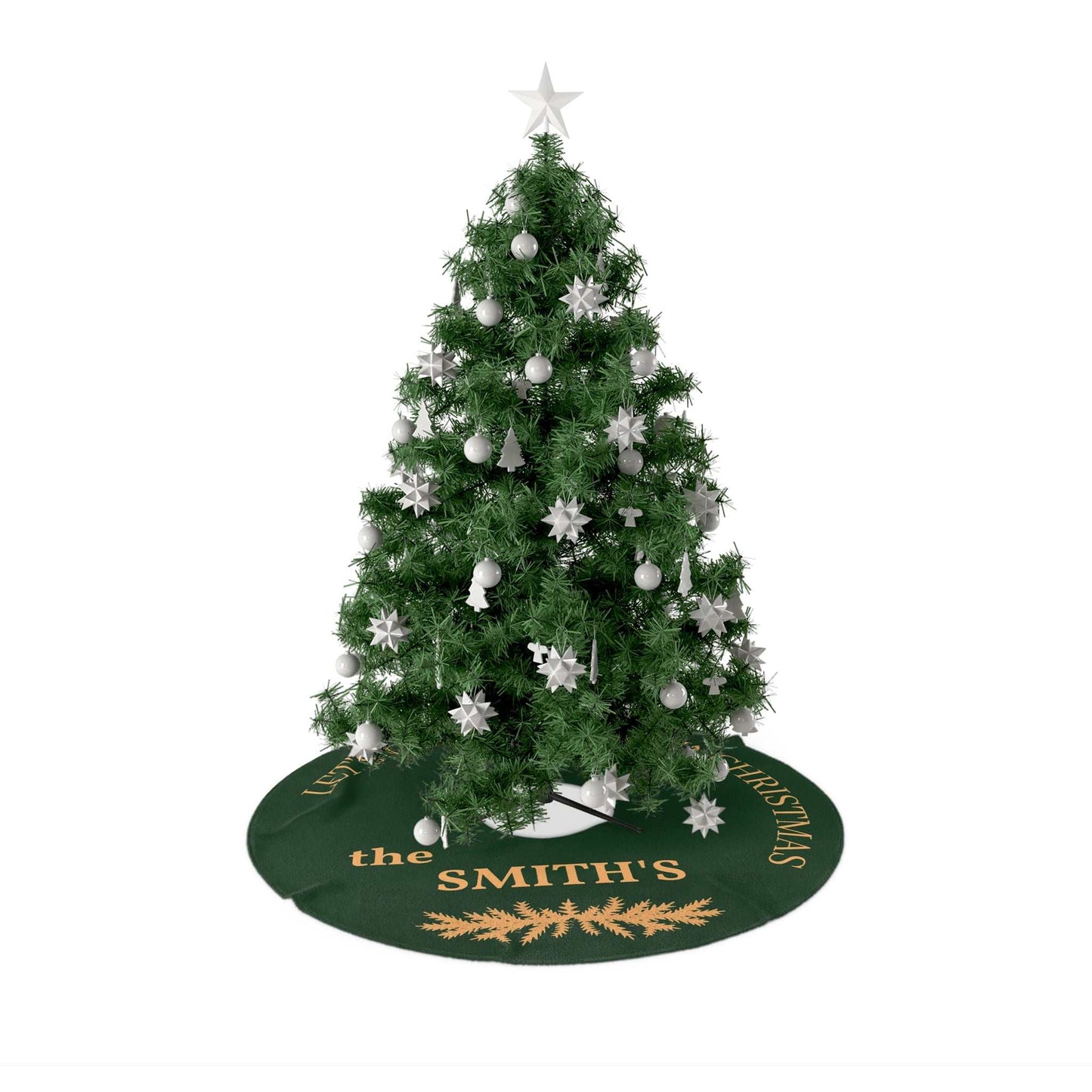 Personalized Christmas tree skirt with custom family name, festive green fleece holiday decor