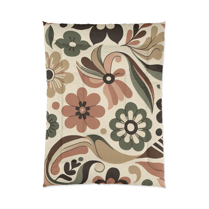 Retro floral pattern comforter with vibrant vintage 70s boho flower design on soft microfiber bedding