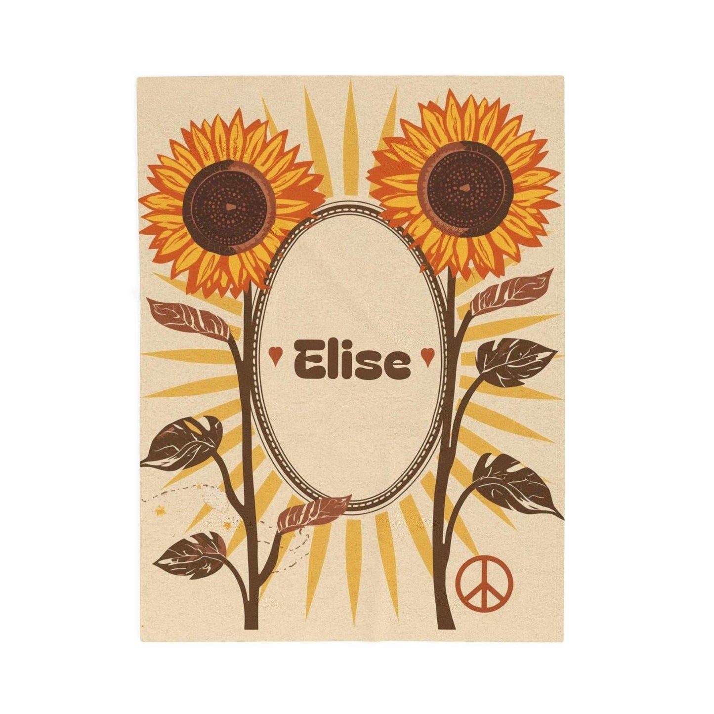Personalized Velveteen Plush Blanket with sunflower design and custom name Elise on cozy beige background