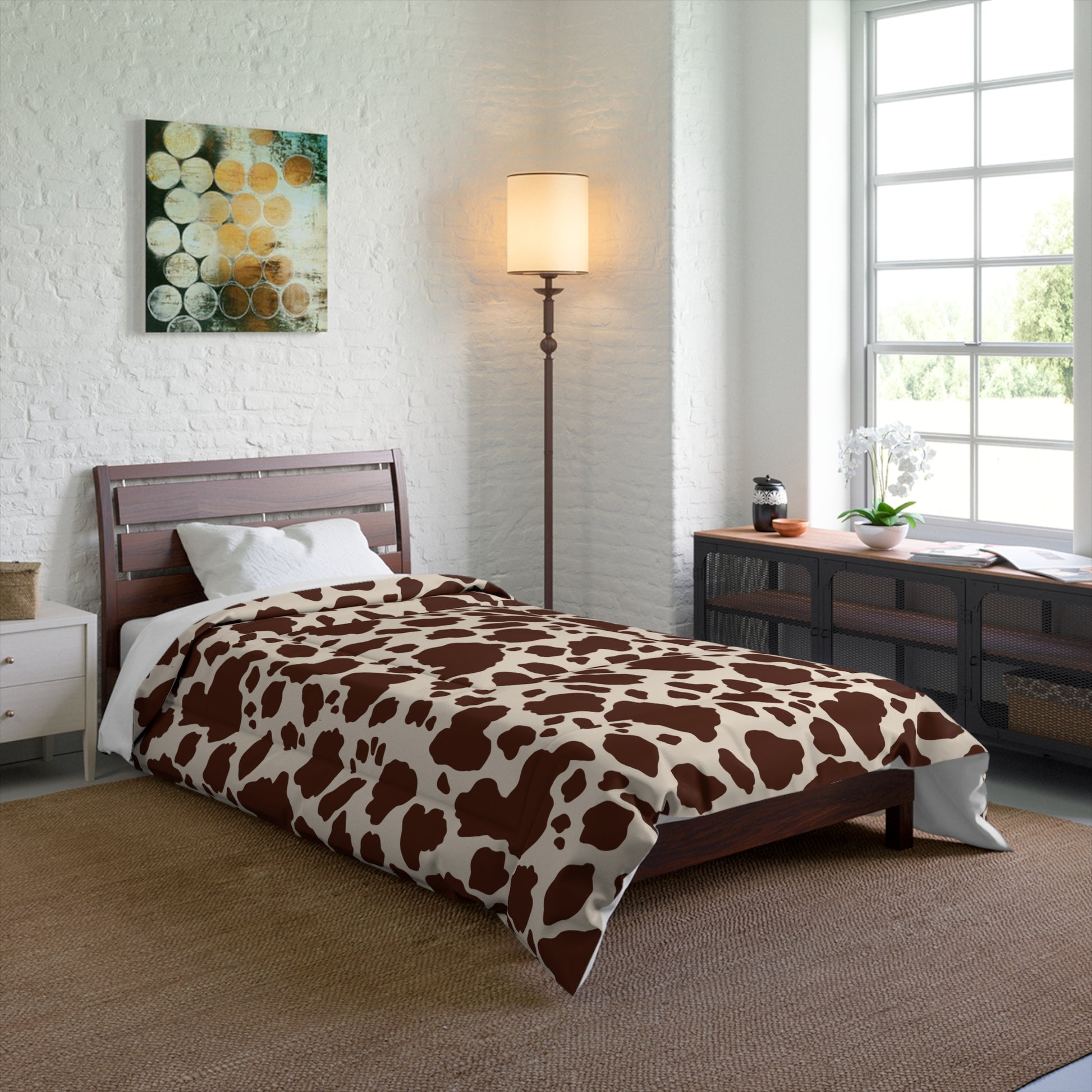 Cow Print Cozy Dorm Comforter in a soft aesthetic dorm room — soft natural lighting, warm layered styling by HomeStylesPlus