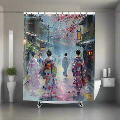 Japanese Kimono Kyoto City Shower Curtains - Oriental Bathroom Decor, Traditional Japanese Bath, Geisha Inspired Home Accessories, Asian