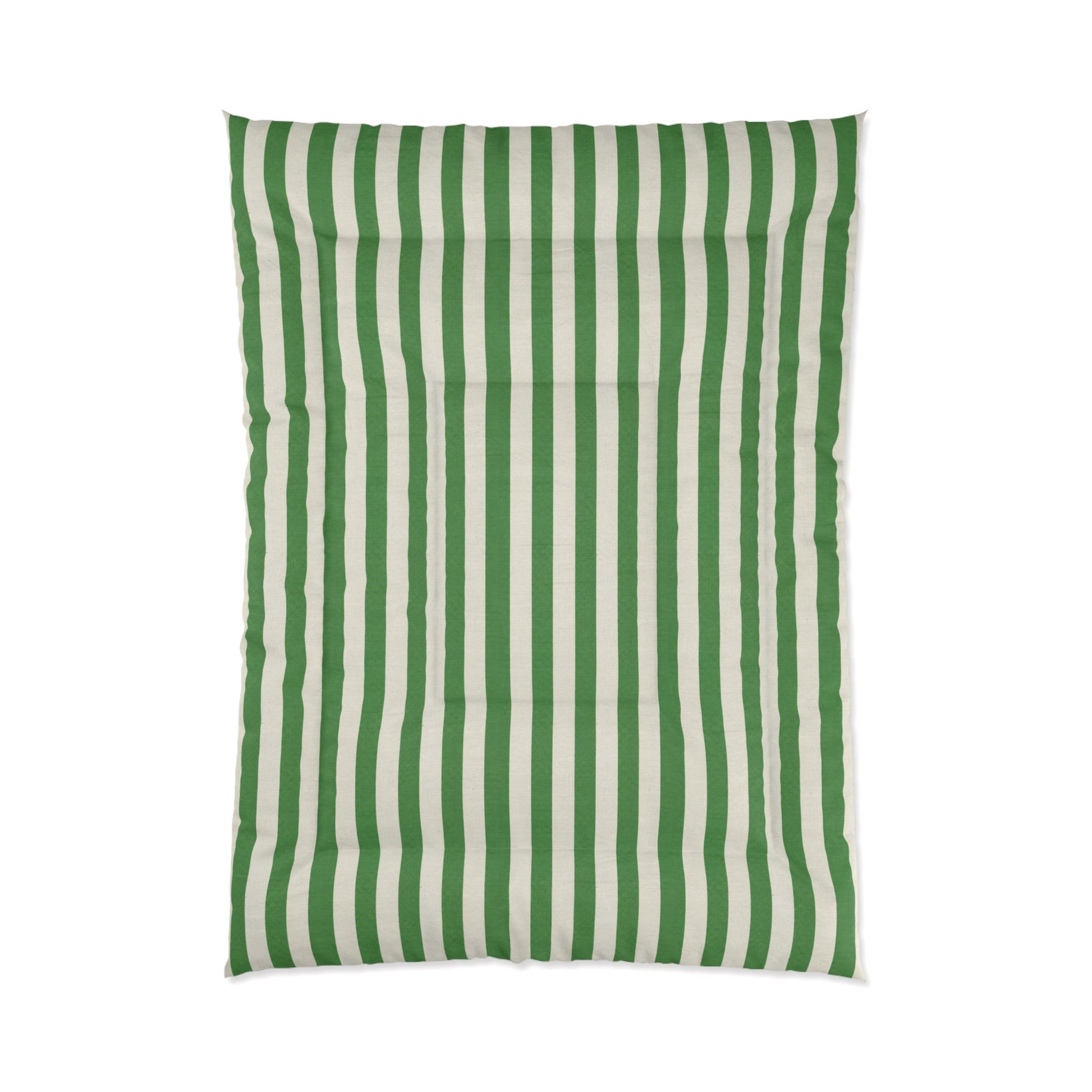Green white striped comforter with double square quilting in modern nautical bedroom setting