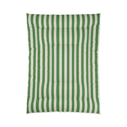 Green white striped comforter with double square quilting in modern nautical bedroom setting