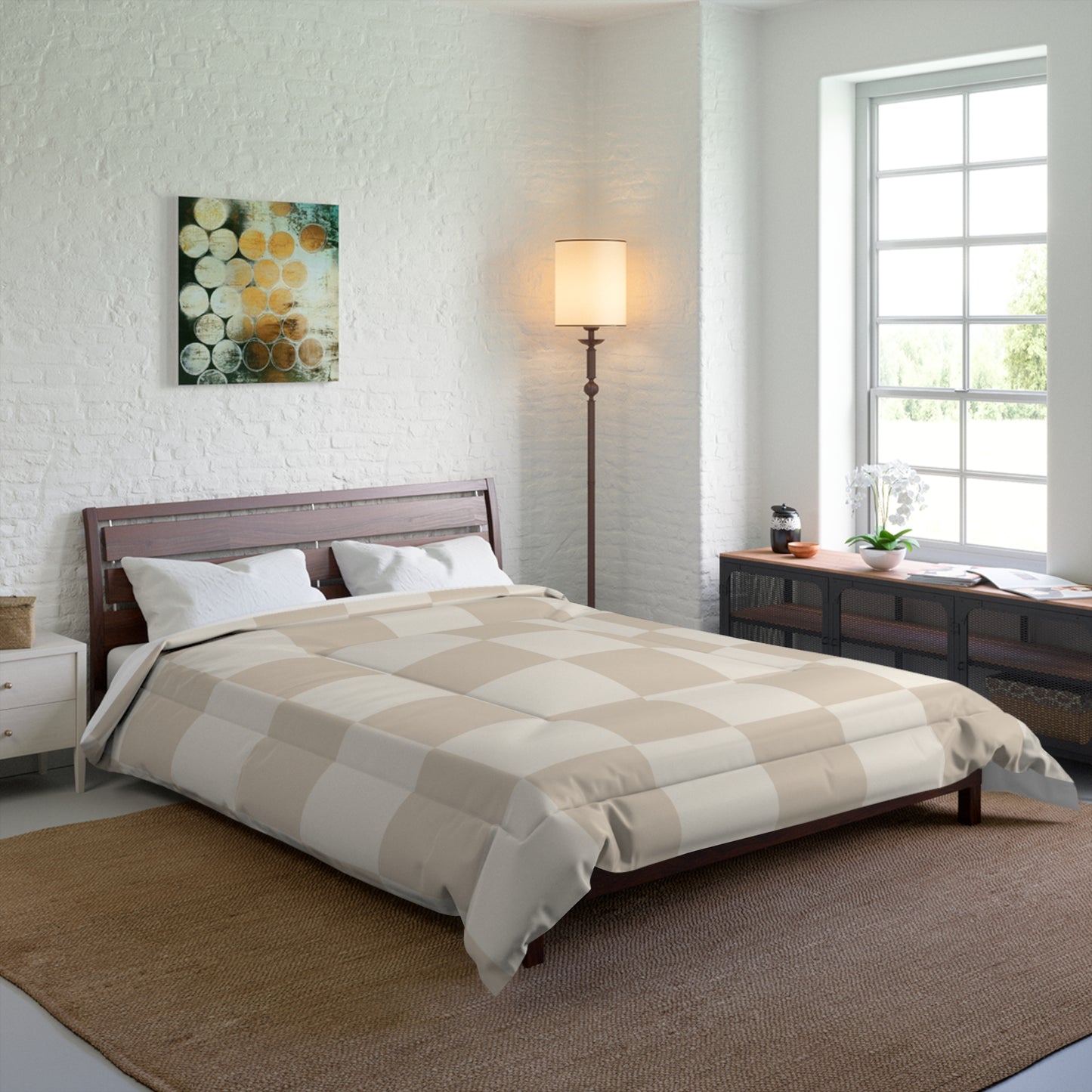 Cream Beige Checker Comforter in a soft aesthetic dorm room — soft natural lighting, warm layered styling by HomeStylesPlus