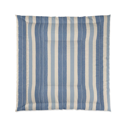 Blue White Striped Comforter in a soft aesthetic dorm room — soft natural lighting, warm layered styling by HomeStylesPlus