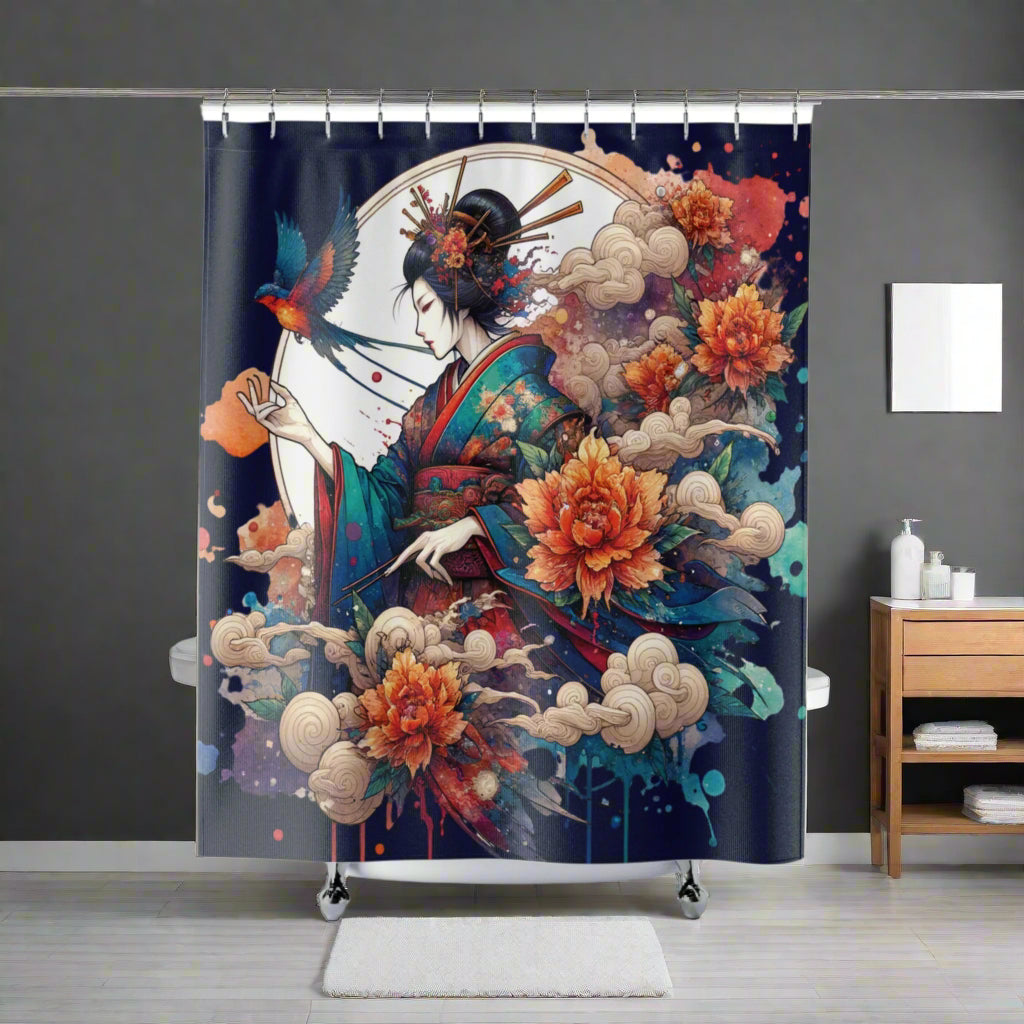 Japanese Kimono Geisya Retro Shower Curtain - Oriental Bathroom Decor, Fabric Bath Curtain, Asian Inspired Home Accessory, Traditional Style
