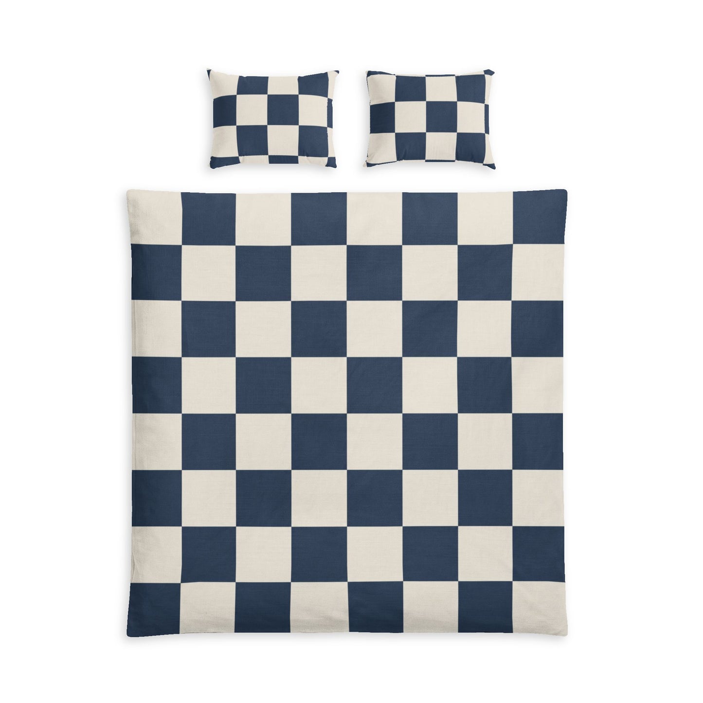 Navy Checkerboard Cotton Bed Set, D in a soft aesthetic dorm room — soft natural lighting, warm layered styling by HomeStyles