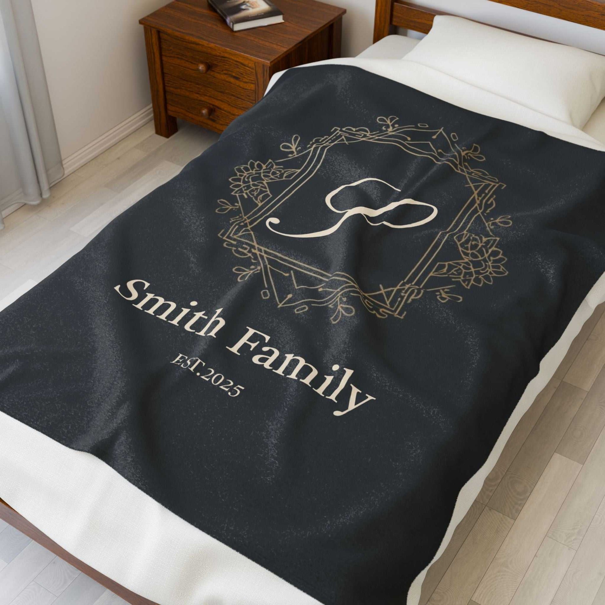 personalized couples fleece throw blanket with custom family name and established date on black background