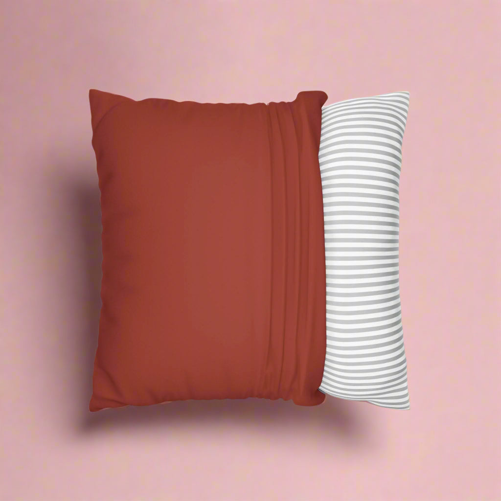 Red pillow and striped white pillow on a white background