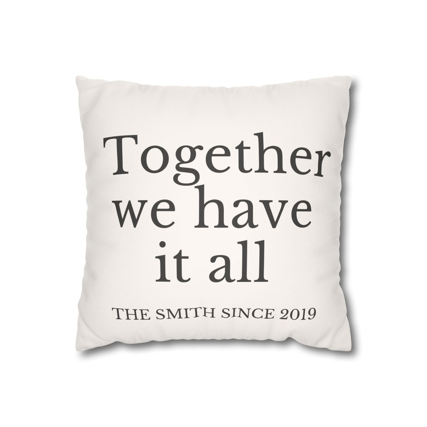 Custom family name gift beige faux suede cushion cover with personalized quote and hidden zipper housewarming present pillow