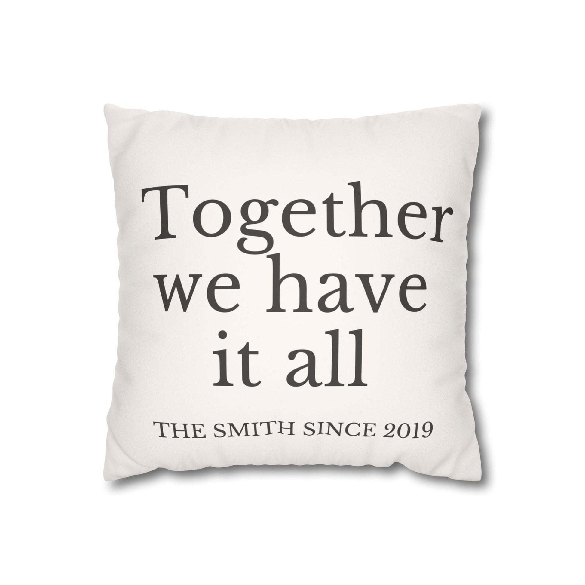 Custom family name gift beige faux suede cushion cover with personalized quote and hidden zipper housewarming present pillow