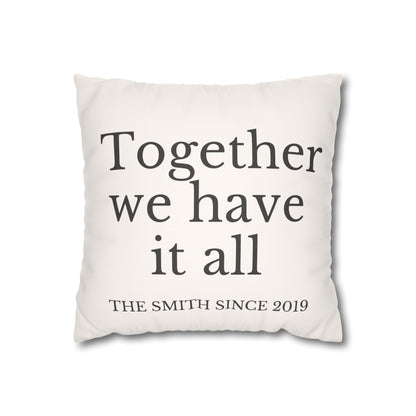 Custom family name gift beige faux suede cushion cover with personalized quote and hidden zipper housewarming present pillow