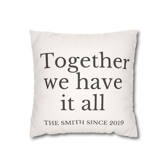 Custom family name gift beige faux suede cushion cover with personalized quote and hidden zipper housewarming present pillow