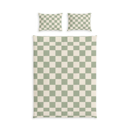 Sage Green Checkerboard Bed Set in a cozy cottagecore bedroom — soft natural lighting, warm layered styling by HomeStylesPlus