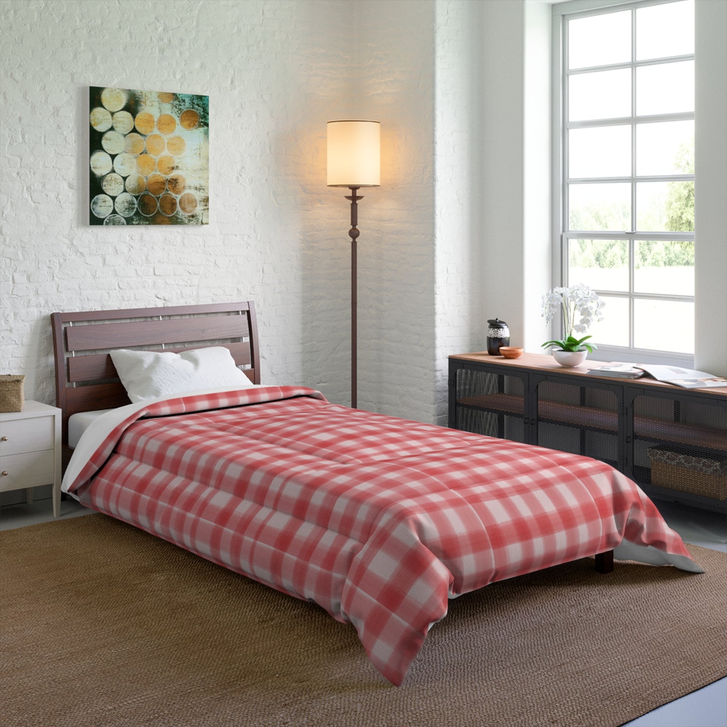 Pink Plaid Cozy Dorm Comforter in a soft aesthetic dorm room — soft natural lighting, warm layered styling by HomeStylesPlus