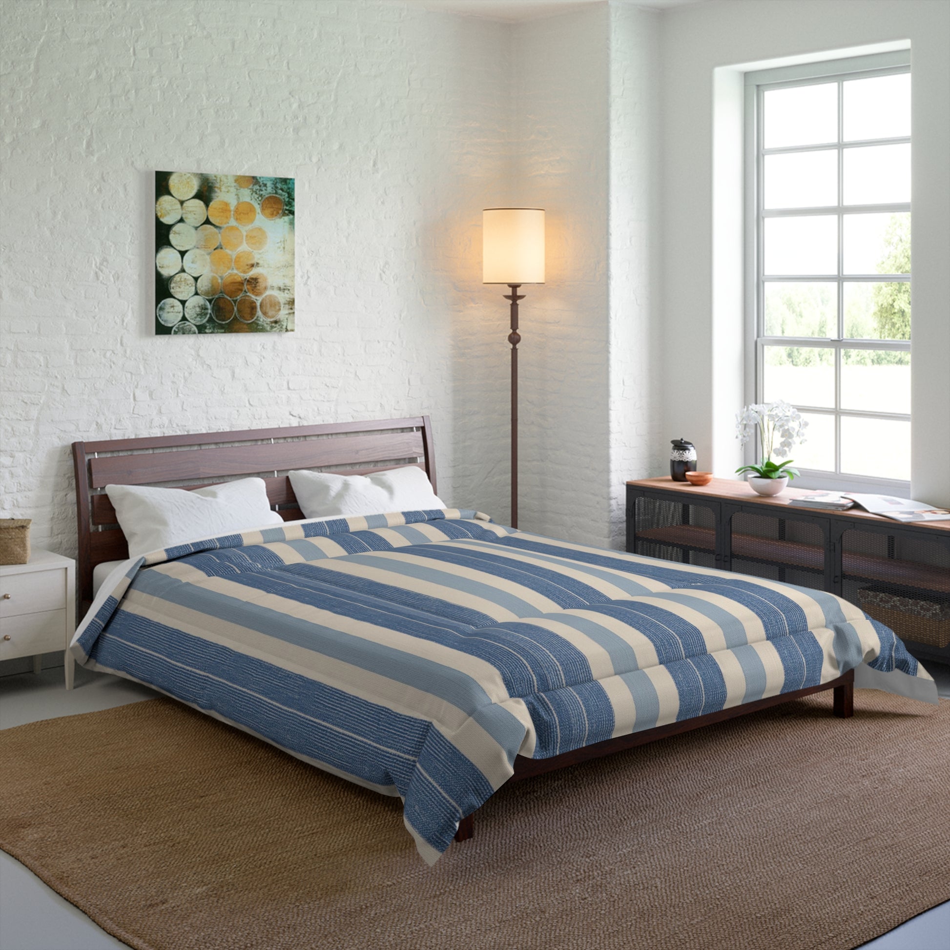 Blue White Striped Comforter in a soft aesthetic dorm room — soft natural lighting, warm layered styling by HomeStylesPlus