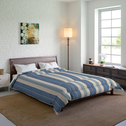 Blue White Striped Comforter in a soft aesthetic dorm room — soft natural lighting, warm layered styling by HomeStylesPlus