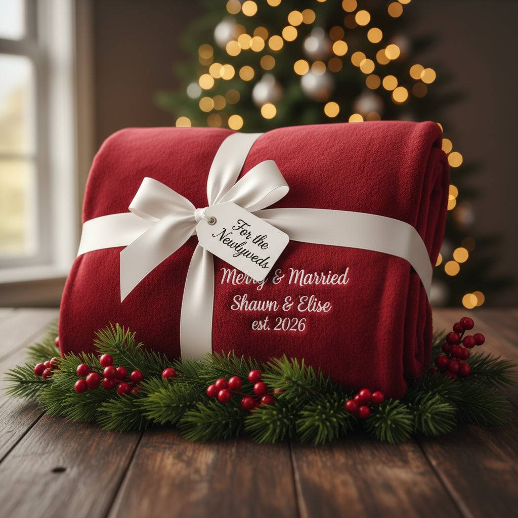 Personalized red Christmas blanket with "Merry & Married" and custom couple names and year, wrapped with white ribbon and holiday greenery.
