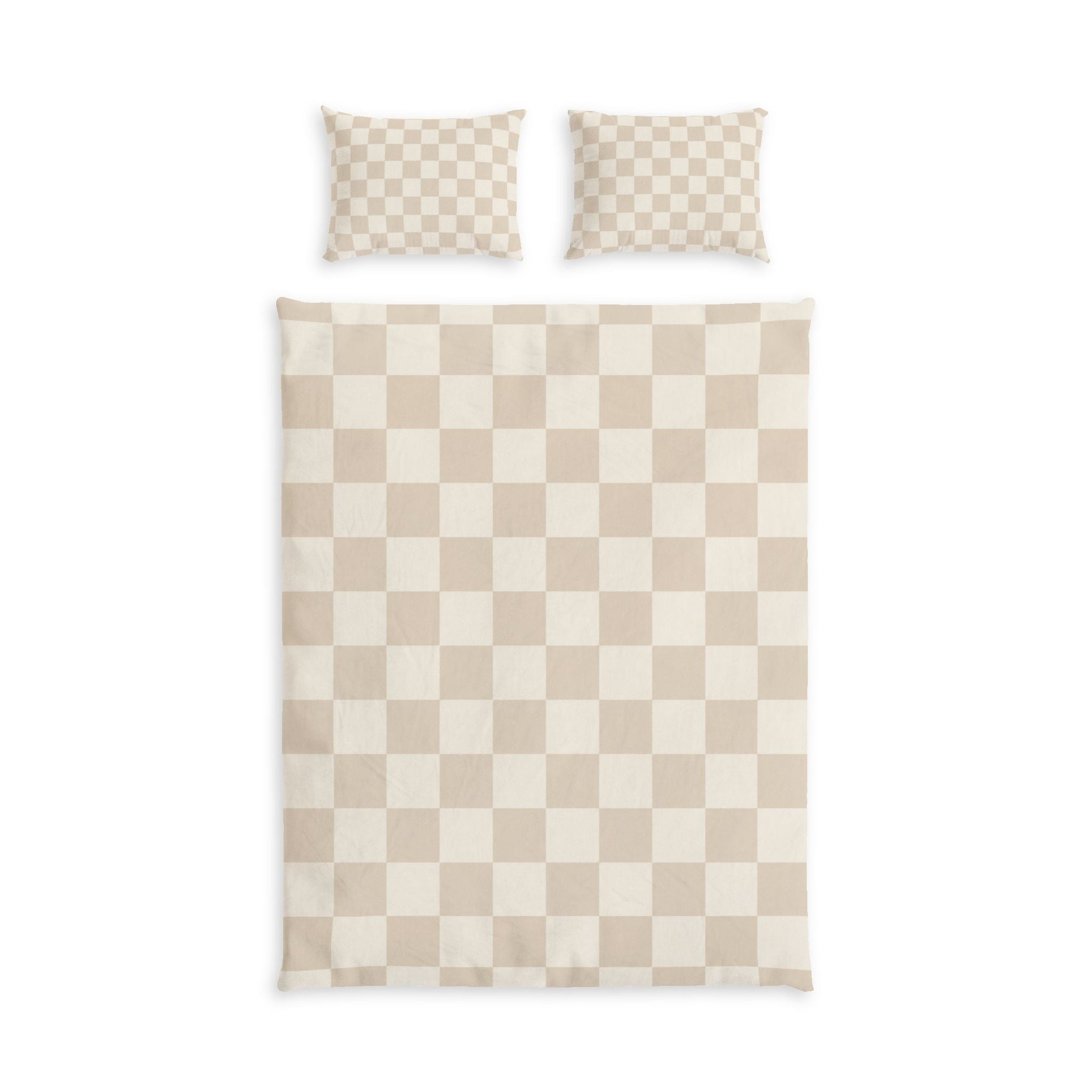 Beige checkerboard cotton bed set with neutral duvet cover and matching shams in a cozy, modern bedroom setting