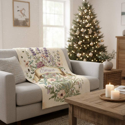 Velveteen plush blanket with floral design and personalized name, cozy throw for holiday snuggling on sofa
