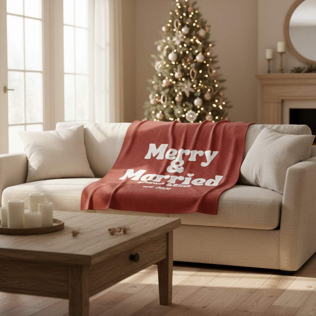 Personalized Christmas blanket in red with "Merry & Married" text, customizable names and year, displayed on sofa by Christmas tree.