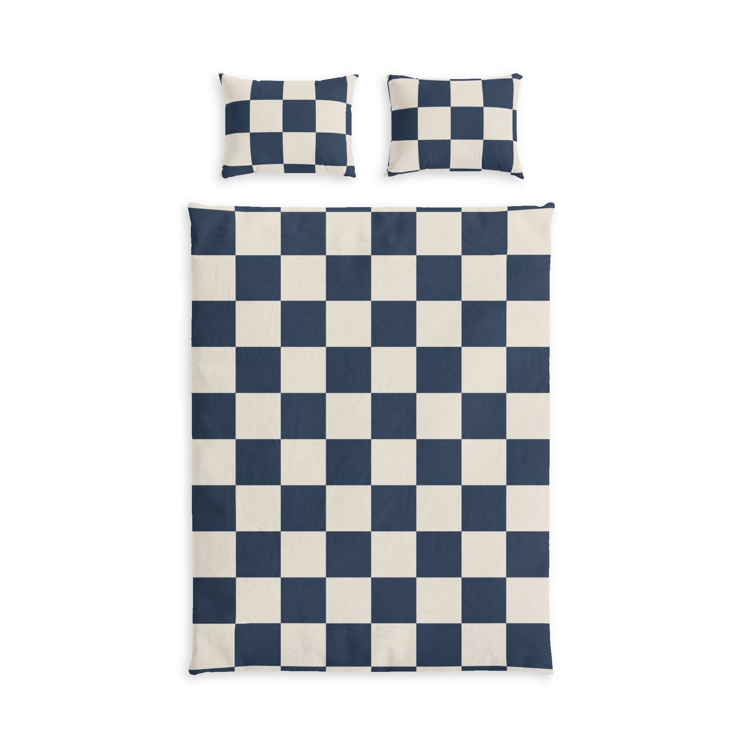 Navy Checkerboard Cotton Bed Set, D in a soft aesthetic dorm room — soft natural lighting, warm layered styling by HomeStyles