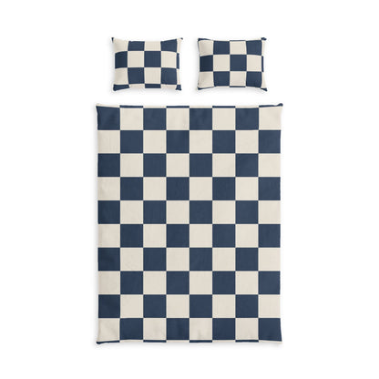 Navy Checkerboard Cotton Bed Set, D in a soft aesthetic dorm room — soft natural lighting, warm layered styling by HomeStyles