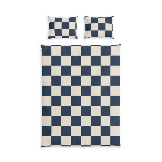 Navy Checkerboard Cotton Bed Set, D in a soft aesthetic dorm room — soft natural lighting, warm layered styling by HomeStyles