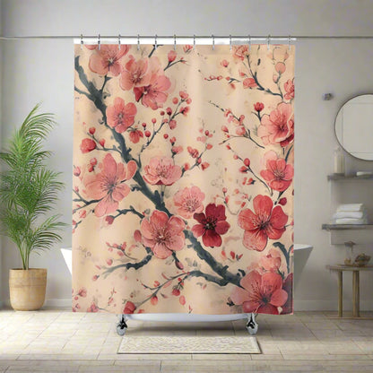 Sakura Shower Curtains, Japanese Retro Floral Design, Bathroom Decor, Cherry Blossom Bath Curtain, Asian Inspired Home Accessories
