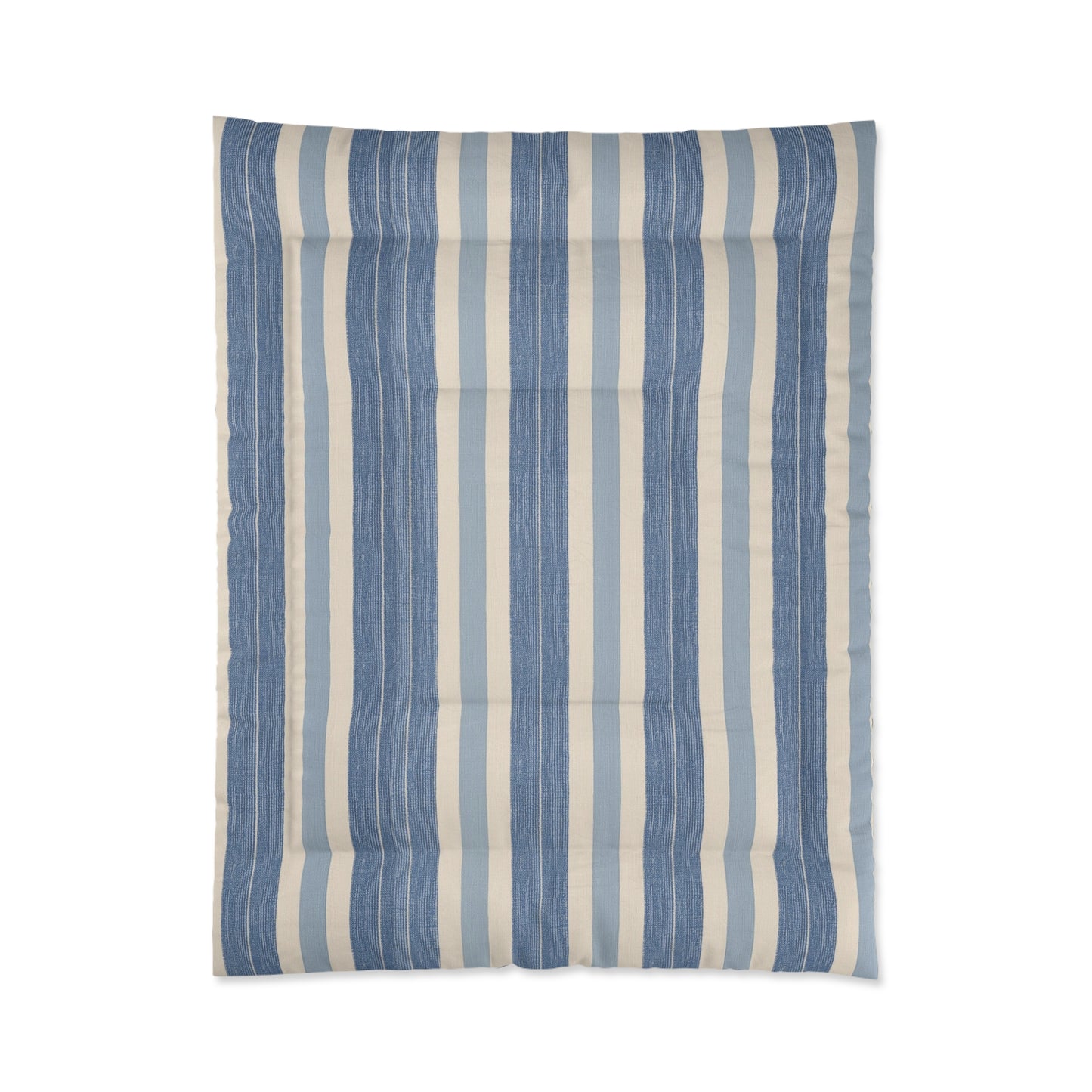 Blue White Striped Comforter in a soft aesthetic dorm room — soft natural lighting, warm layered styling by HomeStylesPlus