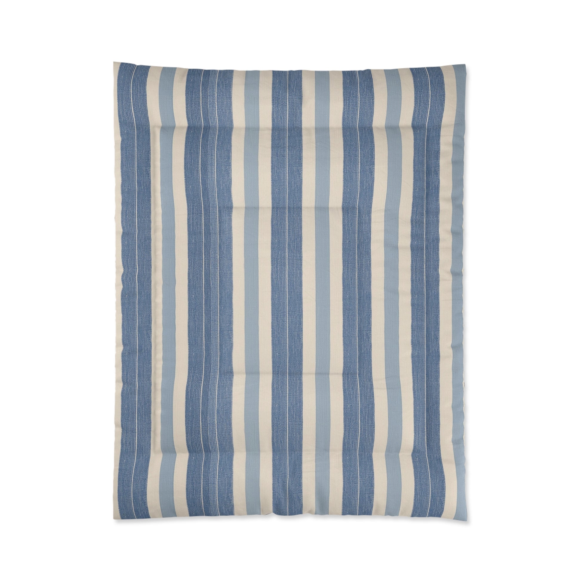 Blue White Striped Comforter in a soft aesthetic dorm room — soft natural lighting, warm layered styling by HomeStylesPlus