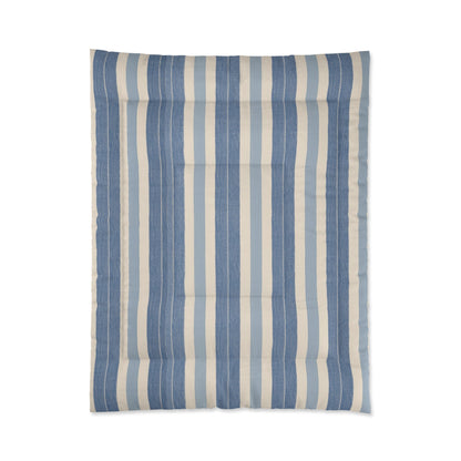 Blue White Striped Comforter in a soft aesthetic dorm room — soft natural lighting, warm layered styling by HomeStylesPlus