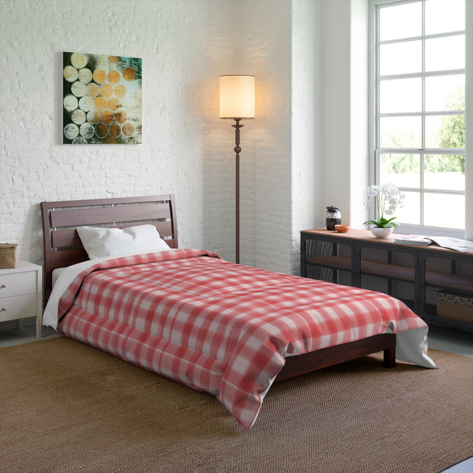 Pink Plaid Cozy Dorm Comforter in a soft aesthetic dorm room — soft natural lighting, warm layered styling by HomeStylesPlus
