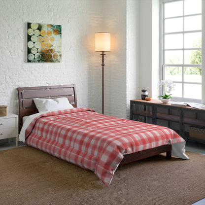 Pink Plaid Cozy Dorm Comforter in a soft aesthetic dorm room — soft natural lighting, warm layered styling by HomeStylesPlus