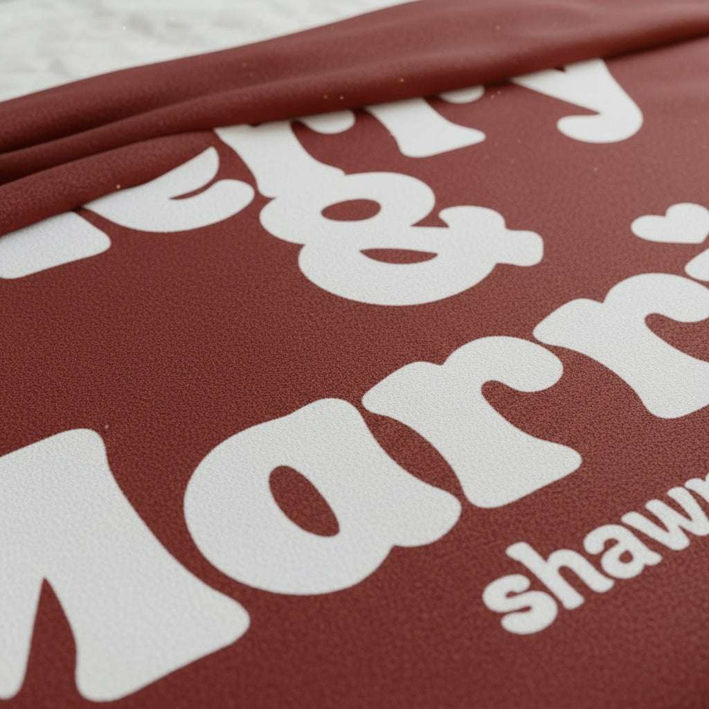 Personalized Christmas blanket with "Merry & Married" text in retro white on red fleece, customizable with couple's names and wedding year.