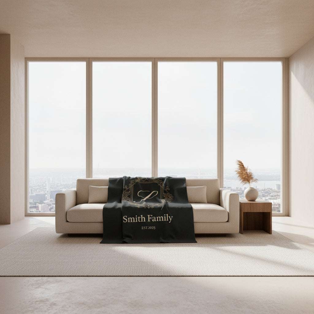 Personalized couples fleece throw blanket with custom family name and established date on sofa in modern living room