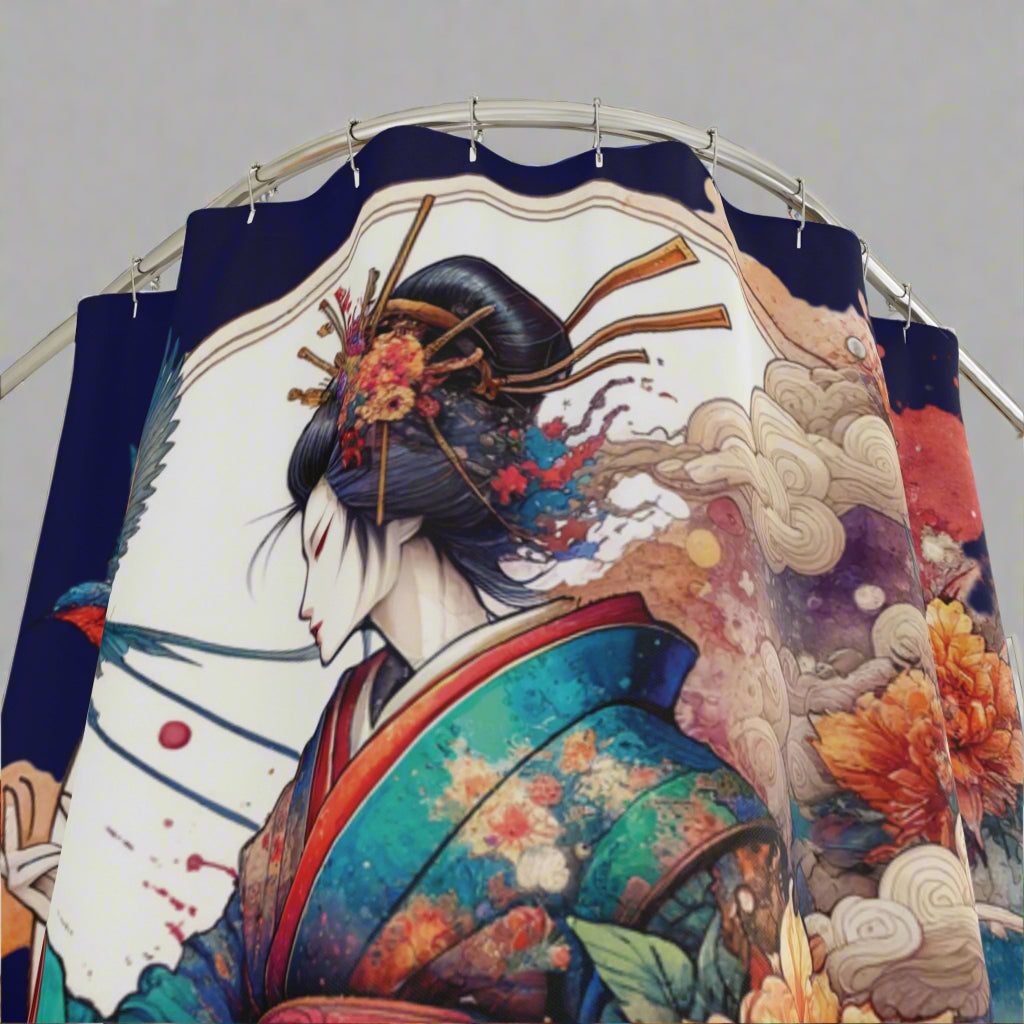 Japanese Kimono Geisya Retro Shower Curtain - Oriental Bathroom Decor, Fabric Bath Curtain, Asian Inspired Home Accessory, Traditional Style