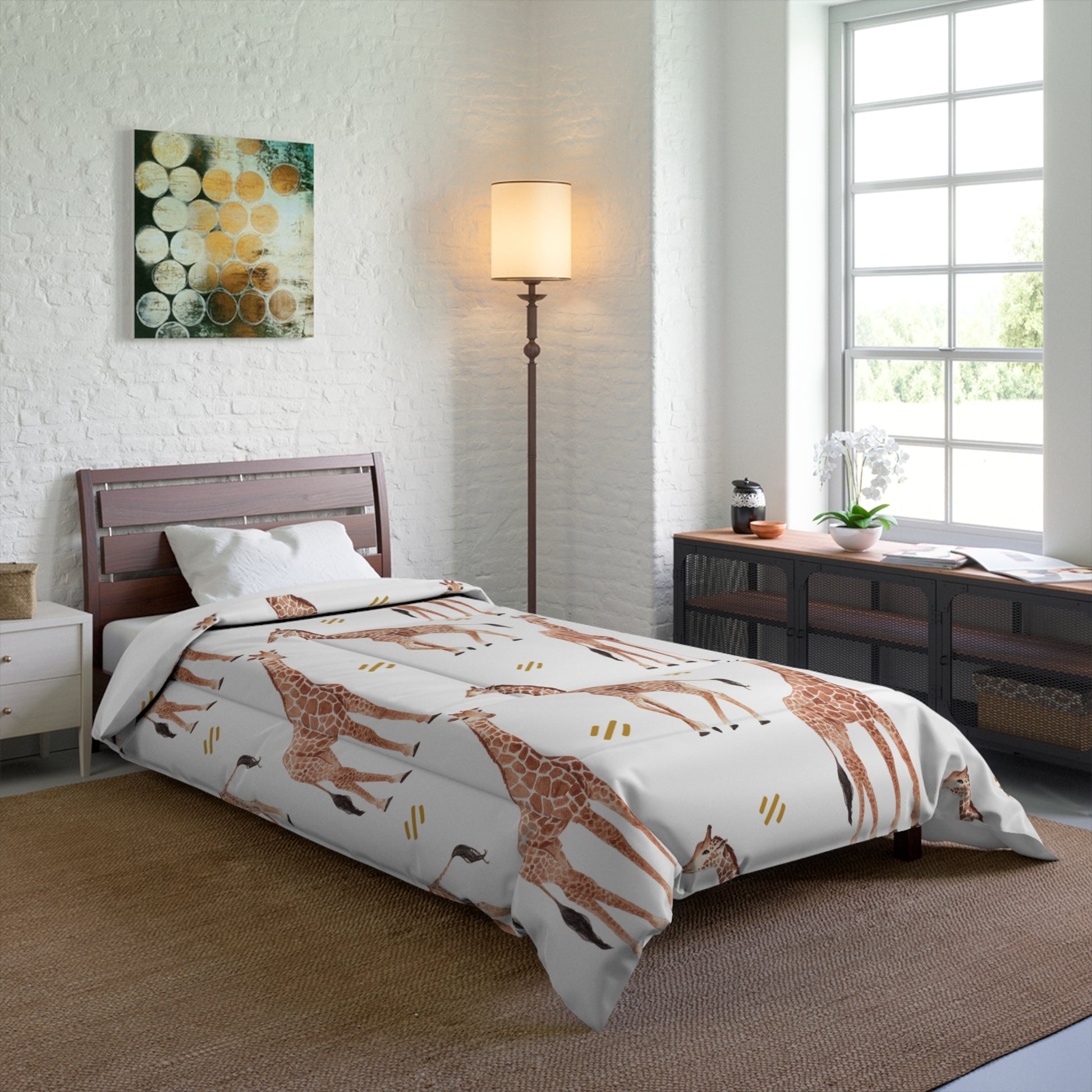 Pastel Safari Giraffe Comforter Twi in a soft neutral kids bedroom — soft natural lighting, warm layered styling by HomeStyle