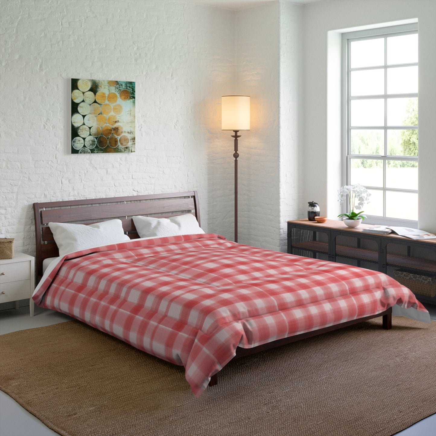 Pink Plaid Cozy Dorm Comforter in a soft aesthetic dorm room — soft natural lighting, warm layered styling by HomeStylesPlus