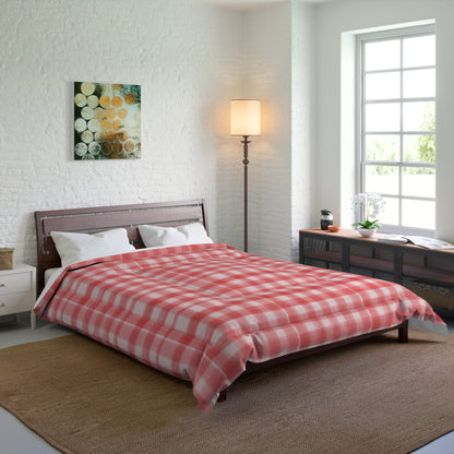 Pink Plaid Cozy Dorm Comforter in a soft aesthetic dorm room — soft natural lighting, warm layered styling by HomeStylesPlus
