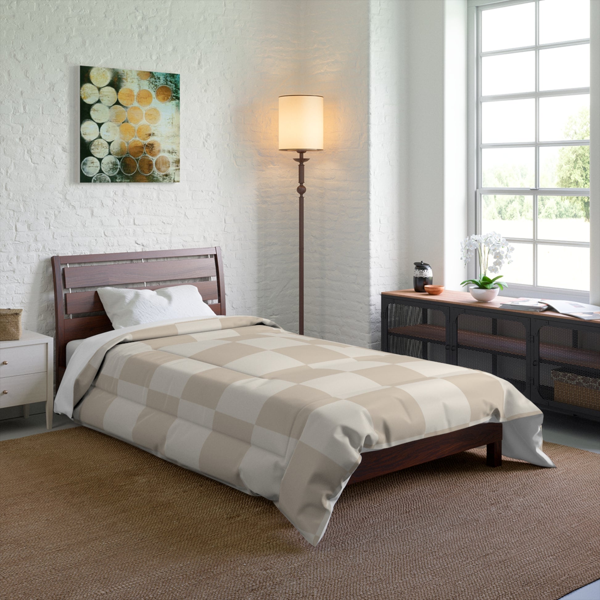 Cream Beige Checker Comforter in a soft aesthetic dorm room — soft natural lighting, warm layered styling by HomeStylesPlus