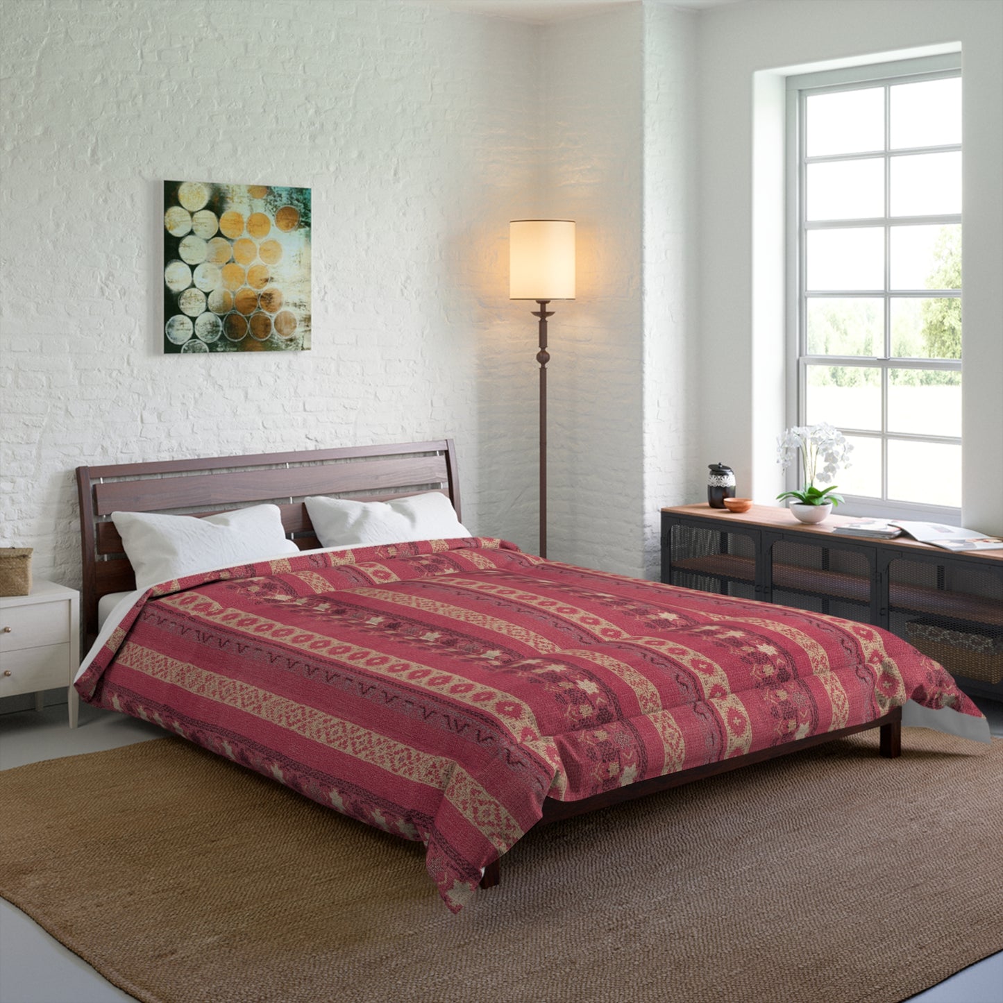 Modern Nautical Pink Boho Comforter in a soft aesthetic dorm room — soft natural lighting, warm layered styling by HomeStyles