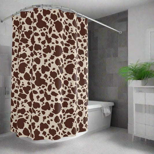 Retro leopard print shower curtain in modern bathroom with gray tiles and white bathtub