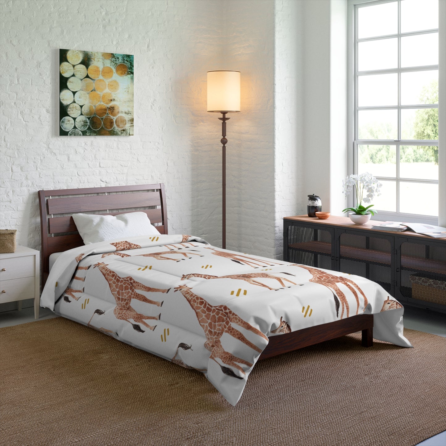 Pastel Safari Giraffe Comforter Twi in a soft neutral kids bedroom — soft natural lighting, warm layered styling by HomeStyle