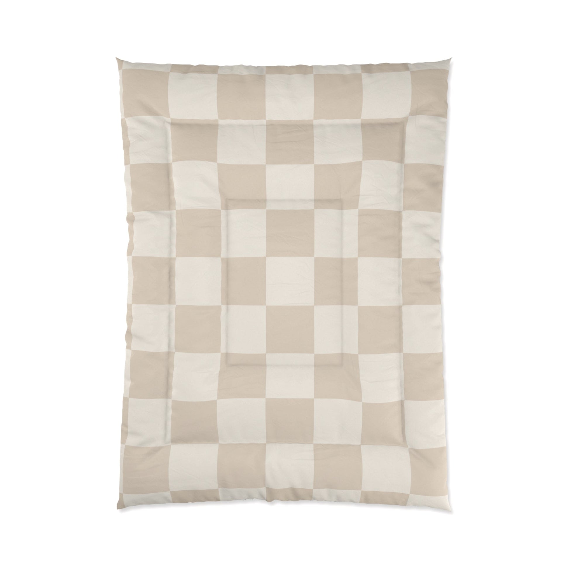 Cream Beige Checker Comforter in a soft aesthetic dorm room — soft natural lighting, warm layered styling by HomeStylesPlus