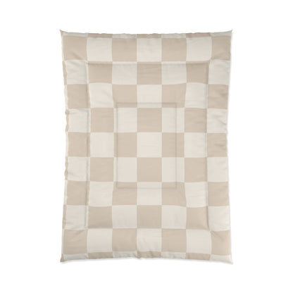 Cream Beige Checker Comforter in a soft aesthetic dorm room — soft natural lighting, warm layered styling by HomeStylesPlus