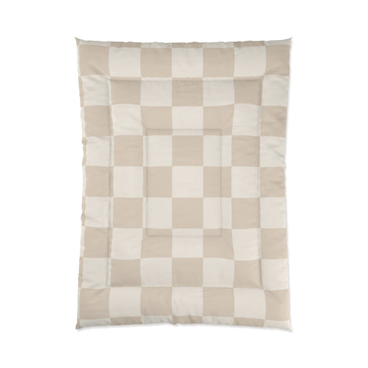 Cream Beige Checker Comforter in a soft aesthetic dorm room — soft natural lighting, warm layered styling by HomeStylesPlus