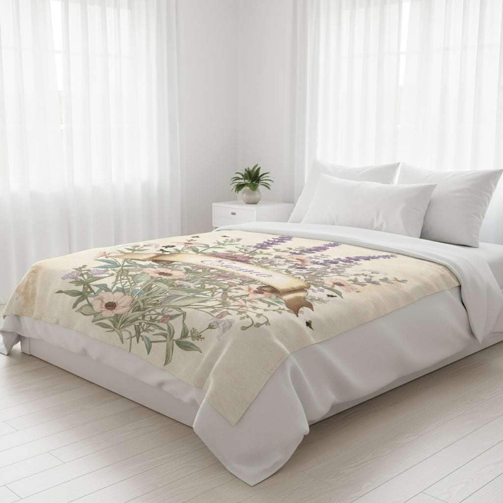 Velveteen plush blanket with floral design on bed in bright bedroom