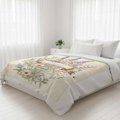 Velveteen plush blanket with floral design on bed in bright bedroom